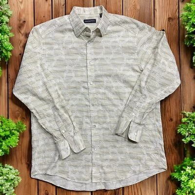 Jhane Barnes Classic Fit Abstract Striped Cream Brown Button Front Shirt Mens L - Image 1 of 4