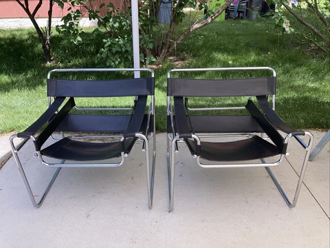 2 Vtg Marcel Breuer Wassily Style Chairs Leather/Chrome Pair EVC Cover