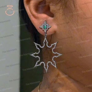 Pendientes de plata 925 maciza pendientes de diamantes naturales y esmeraldas joyas hechas a mano - Imagen 1 de 8