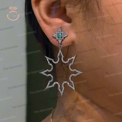 Solid 925 Silver Earrings Natural Diamond & Emerald Earrings Handmade Jewelry - Image 1 of 4