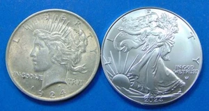 TWO BEAUTIFUL AMERICAN COINS- 1924 SILVER PEACE DOLLAR AND 2024 SILVER EAGLE - Picture 1 of 2