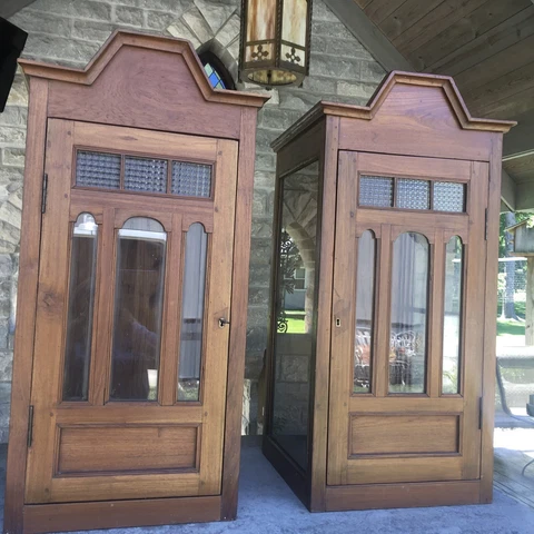 ANTIQUE MATCHING PAIR WALNUT WALL DISPLAY CABINETS ARCHES VICTORIAN KEY 40 1/2” Cover