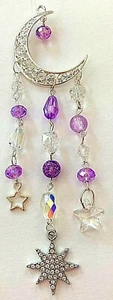 CRYSTAL MOON SUNCATCHER-STARS-REAR VIEW MIRROR-5.25" PURPLE-HANDCRAFTED- # 966 - Picture 1 of 3
