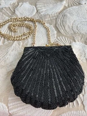 Black Beaded Purse Evening Bag Clamshell Clutch Gold Metal Chain 80s 90s Formal - Image 1 of 4