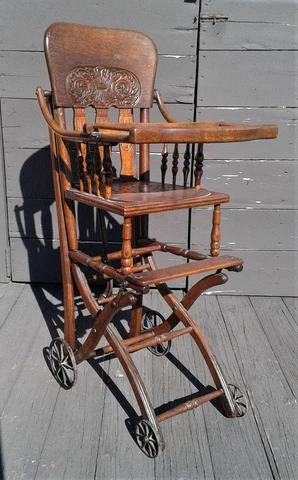 Antique Oak Convertible Pressed Back Victorian High Chair to Stroller 1890s Era Cover