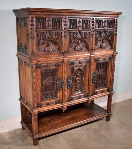 *Large Antique French Gothic Revival Cabinet/Console, Highly Carved in Oak Wood Cover