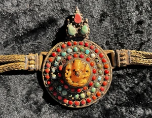 ANTIQUE Tibetan GANESH Coral Amber Turquoise BELT Tribal BOHO Statement Goldtone - Picture 1 of 7