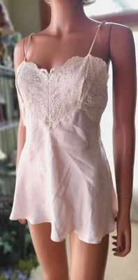 Vtg Delicates Sz S Pale Baby Pink Satin A-Line Chemise Nightgown White Lace Trim - Image 1 of 4