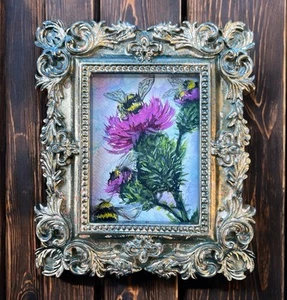 Bumble Bees Pollinating Flowers watercolor art print in miniature ornate frame - Picture 1 of 3