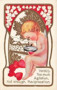 VALENTINE CUPID EXAMINES HEART TOO MUCH AGITATION c1910 EMBOSSED POSTCARD 082025 - Picture 1 of 2