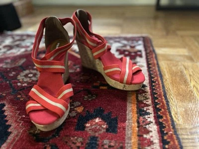 Merona Red and Tan Stripe Cork Wedge Platform 4” Heel Sandal Women’s Size 11 - Image 1 of 4
