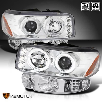Projector Headlights+Bumper Lamp Fits 2000-2006 GMC Sierra Yukon Denali LED Halo - Image 1 of 4