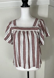 Loft Ann Taylor Damen-Top klein gestreift quadratischer Ausschnitt Leinenmischung Flatterärmel - Bild 1 von 8
