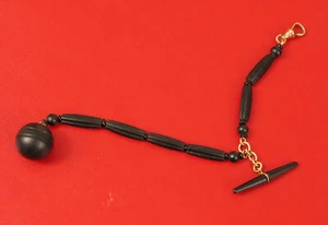 VICTORIAN MOURNING BLACK CARVED JET GLASS GOLD FILLED WATCH FOB BALL & CHAIN !!! - Picture 1 of 5