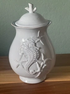 Blue Sky Seahorse and Seashell Menagerie Blue 8.5” Storage Jar with Lid - Picture 1 of 8