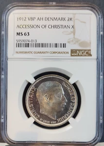 1912 DENMARK SILVER 2 KRONER ACCESSION OF CHRISTIAN X NGC MS 63 BEAUTIFUL COIN - Picture 1 of 3