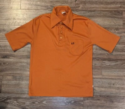 Camisa polo masculina fina vintage anos 70 Hang Ten laranja queimado SS - P em excelente estado usado - Imagem 1 de 4