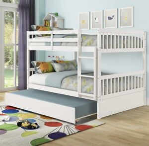 Full Over Full Bunk Bed with Trundle, Convertible to 2 Full Size Platform -WHITE