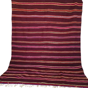 Vintage Handmade Moroccan Fringe Rug Burgundy Striped Beige Wool Carpet - Picture 1 of 24
