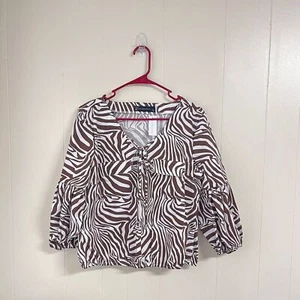 NWT NY&C New York Company Brown Zebra Print V Neck Tie Shirt Blouse Sz L - Picture 1 of 10