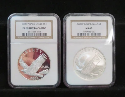 2008-P Unc & Proof Bald Eagle $1 commem dollars NGC graded 69 Free s/h - Image 1 of 3