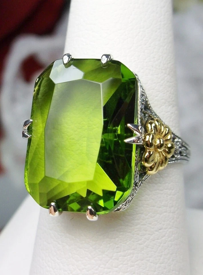 Peridot Ring Vintage Sterling Silver Gold Accent Large Emerald Cut Jewelry Gift - Image 1 of 4