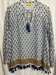 Top tunica Roberta Roller Rabbit donna XS cotone LS boho blu frange nappe usato in ottime condizioni - Foto 1 di 8