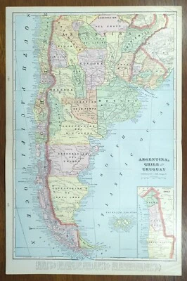 Vintage 1902 ARGENTINA CHILE URUGUAY Map 14"x22" Old Antique Original MONTEVIDEO - Image 1 of 4