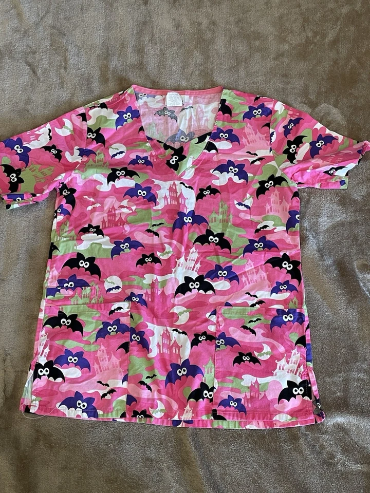 White Swan Fundamental Pink Halloween Scrub Top With Bats Size XS 100% Cotton - Image 1 of 4