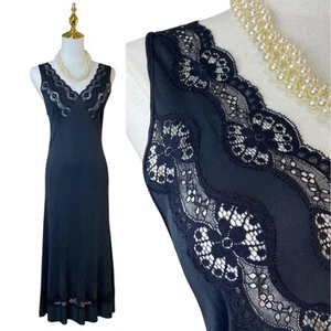 Vintage 70s Byon Black Nylon Lacy Wide Strap Midi Full Slip Dress Women’s Size S - Picture 1 of 15