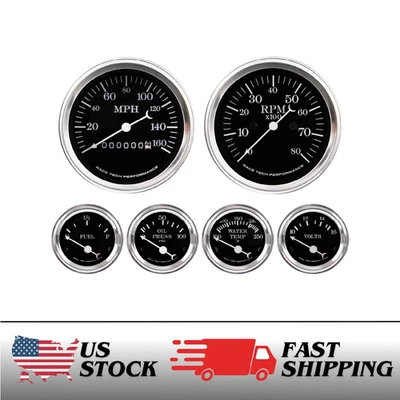 RT Classic 6 Gauge Set Speedometer Tachometer 160MPH 8000RPM Mechanical 4 Color - Image 1 of 4