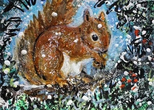 ORIGINAL ACEO Painting Red Squirrel WINTER Snow Pine Tree Landscape ATC ART - Picture 1 of 1