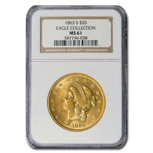 1863-S $20 Liberty Gold Double Eagle MS-61 NGC - Picture 1 of 3