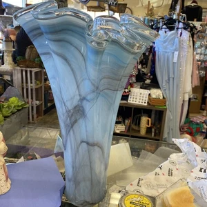 Vintage Murano italienische Kunst Glas blau Wirbel Taschentuch Vase MCM Italien 17" hoch - Bild 1 von 18