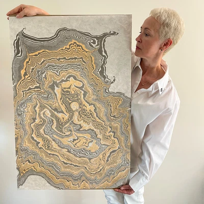 Pintura a tinta abstracta original, arte de pared grande japonés Suminagashi, decoración del hogar Foto 1 de 4