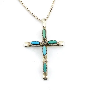 Vintage Zuni Sterlingsilber Türkis Kreuz Anhänger Halskette 18" Old Pawn Daint - Bild 1 von 5