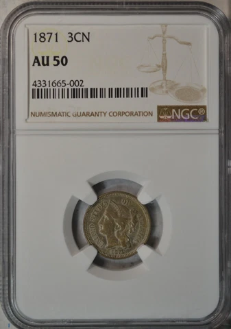 1871 3 cent nickel, NGC AU50..........Type Coin Company Cover