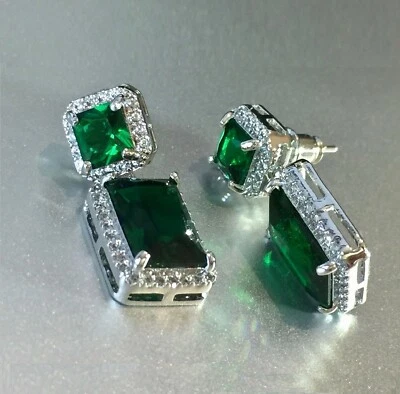 18k White Gold Plated Lab-Created Green Emerald Drop Earrings Christmas Jewelry - Image 1 of 4