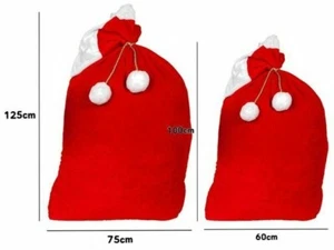 SANTA SACK DELUXE Christmas Velour 2 Sizes Pom Pom Design Gold Tie Presents Bag - Picture 1 of 3