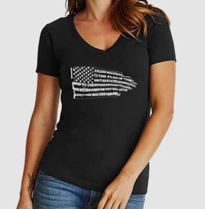 $25 La Pop Art Women's Black Word Art Flag V-Neck T-Shirt Top Size XL - Picture 1 of 1