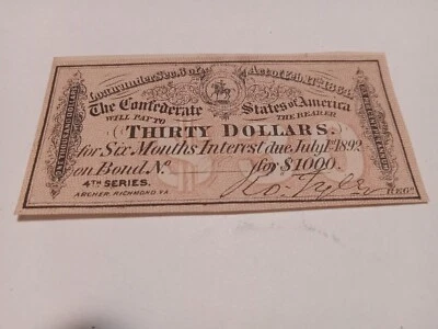 Confederate States $1,000 War Bond 1864 Thirty Dollars Excellent Unmarked - Image 1 of 2
