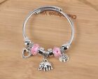 "In the Style of Pandora"  Silver Look Charm Bracelet With Pink Beads + Elephant