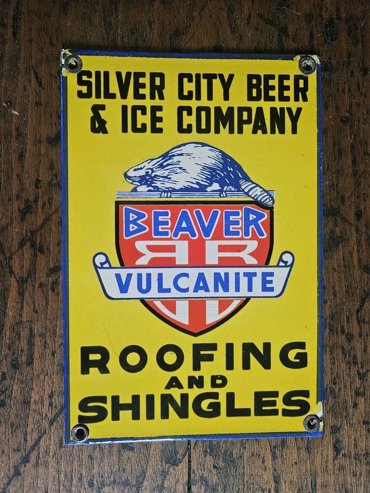 Letrero publicitario de porcelana de castor vulcanita Atq 1900s Silver City Beer & Ice Co. Foto 1 de 4
