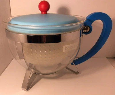 BODUM Glass Teapot with Infuser CHAMBORD style Light Blue Handle With Red Knob - Image 1 of 4