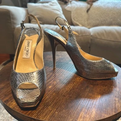 Jimmy Choo Metallic Python Embossed Leather Nova Slingback Pumps Size 39.5 /9.5 - Image 1 of 4