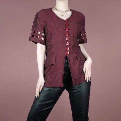 Blusa Top Vintage Años 90 Rojo Borgoña Retro Lino Enrejado Rayas M Mediana 12 Foto 1 de 4