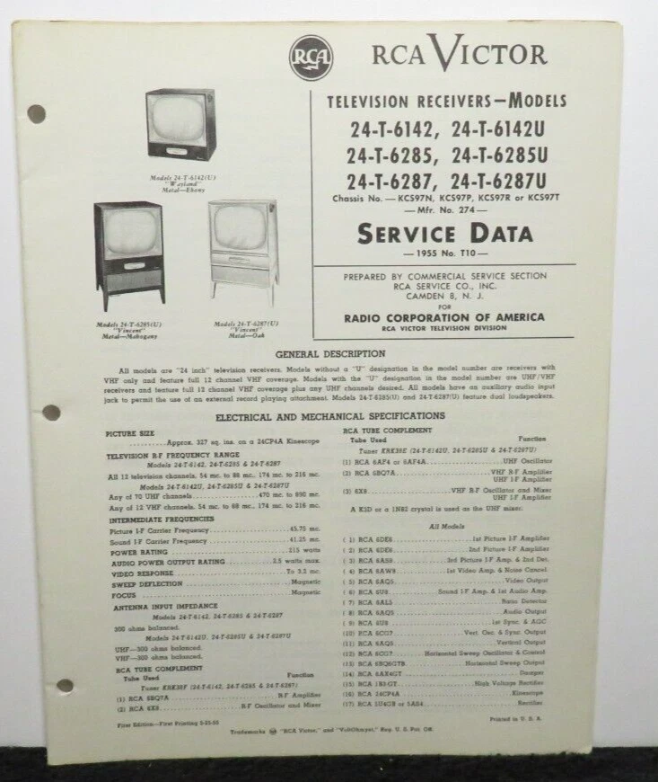 RCA VICTOR TELEVISION SERVICE DATA 1955 T10 24-T-6142 -6285 -6287 KCS97N 28 PAGE - Image 1 of 1