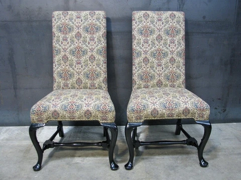Vintage Baker Furniutre Queen Anne Style Side Chairs; Ebonized Legs & Nailheads Cover