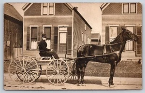 RPPC MAn w/Pipe Sits on Horse & Wagon by New Twin Houses~ - Picture 1 of 2