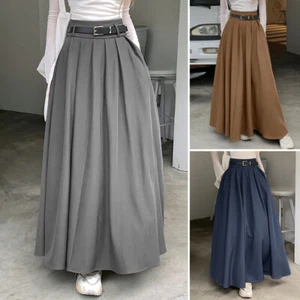 UK Womens High Waist Pleated Flared Long Skirts Tunic Swing A-Line Maxi Skirt - Picture 1 of 14